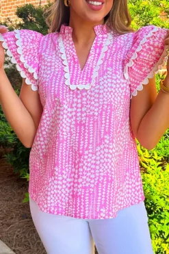 Discount Dear-Lover Abstract Print Ric Rac Trim Flutter Sleeve Notch V Neck Blouse Pink