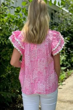 Discount Dear-Lover Abstract Print Ric Rac Trim Flutter Sleeve Notch V Neck Blouse Pink