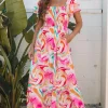 Online Dear-Lover Abstract Print Ruffled Sleeve Smocked Bust Maxi Dress Pink