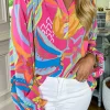 Discount Dear-Lover Abstract Print Ruffled Sleeve Buttoned V Neck Blouse Pink