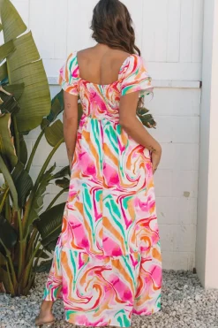 Online Dear-Lover Abstract Print Ruffled Sleeve Smocked Bust Maxi Dress Pink