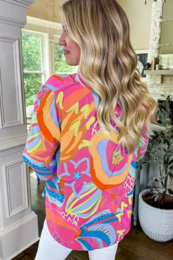 Discount Dear-Lover Abstract Print Ruffled Sleeve Buttoned V Neck Blouse Pink