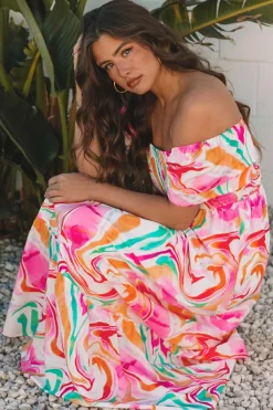 Online Dear-Lover Abstract Print Ruffled Sleeve Smocked Bust Maxi Dress Pink