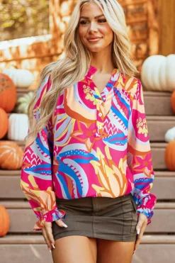 Discount Dear-Lover Abstract Print Ruffled Sleeve Buttoned V Neck Blouse Pink