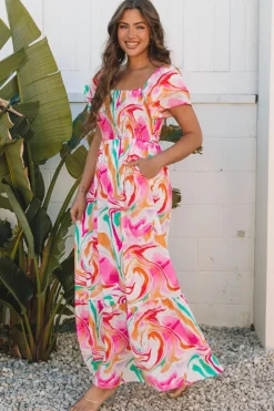 Online Dear-Lover Abstract Print Ruffled Sleeve Smocked Bust Maxi Dress Pink