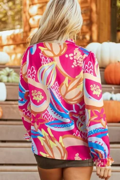 Discount Dear-Lover Abstract Print Ruffled Sleeve Buttoned V Neck Blouse Pink