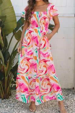 Online Dear-Lover Abstract Print Ruffled Sleeve Smocked Bust Maxi Dress Pink