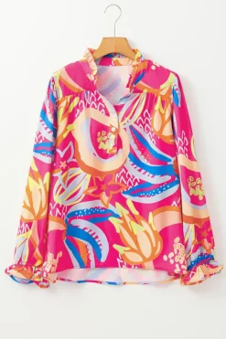 Discount Dear-Lover Abstract Print Ruffled Sleeve Buttoned V Neck Blouse Pink