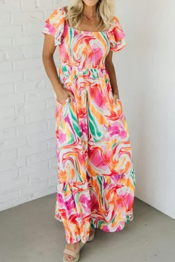 Online Dear-Lover Abstract Print Ruffled Sleeve Smocked Bust Maxi Dress Pink