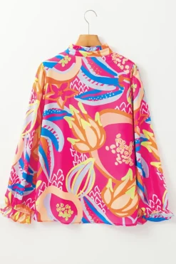 Discount Dear-Lover Abstract Print Ruffled Sleeve Buttoned V Neck Blouse Pink