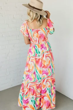 Online Dear-Lover Abstract Print Ruffled Sleeve Smocked Bust Maxi Dress Pink