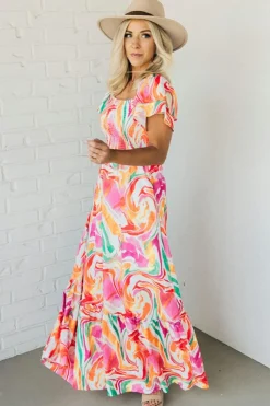 Online Dear-Lover Abstract Print Ruffled Sleeve Smocked Bust Maxi Dress Pink