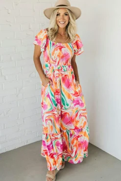 Online Dear-Lover Abstract Print Ruffled Sleeve Smocked Bust Maxi Dress Pink