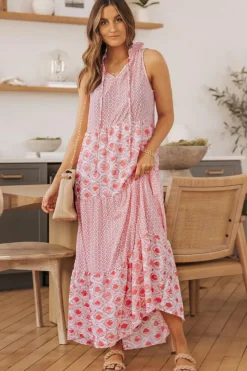 Online Dear-Lover Abstract Print Split Neck Sleeveless Maxi Dress Pink