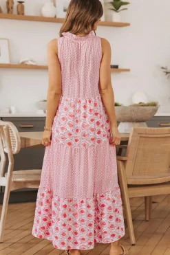 Online Dear-Lover Abstract Print Split Neck Sleeveless Maxi Dress Pink