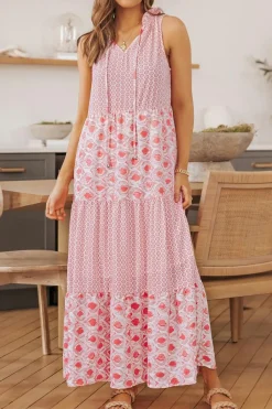 Online Dear-Lover Abstract Print Split Neck Sleeveless Maxi Dress Pink