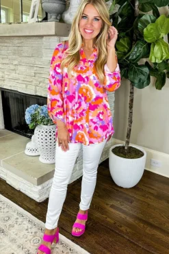 Best Dear-Lover Abstract Print Tab Sleeve Notched Neck Blouse Pink