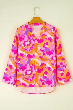 Best Dear-Lover Abstract Print Tab Sleeve Notched Neck Blouse Pink