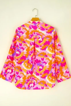 Best Dear-Lover Abstract Print Tab Sleeve Notched Neck Blouse Pink