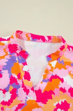 Best Dear-Lover Abstract Print Tab Sleeve Notched Neck Blouse Pink