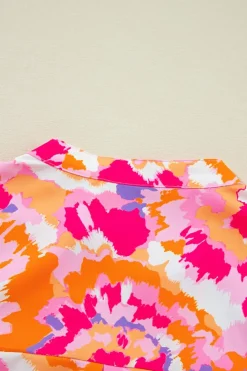 Best Dear-Lover Abstract Print Tab Sleeve Notched Neck Blouse Pink