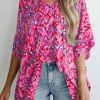 Sale Dear-Lover Abstract Print V Neck Half Sleeve Loose Fit Tunic Blouse Pink