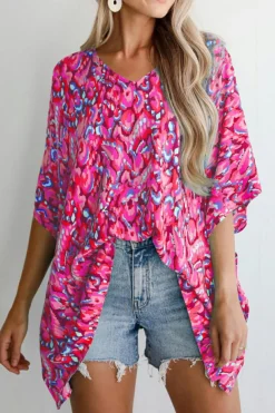 Sale Dear-Lover Abstract Print V Neck Half Sleeve Loose Fit Tunic Blouse Pink