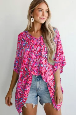 Sale Dear-Lover Abstract Print V Neck Half Sleeve Loose Fit Tunic Blouse Pink