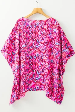 Sale Dear-Lover Abstract Print V Neck Half Sleeve Loose Fit Tunic Blouse Pink