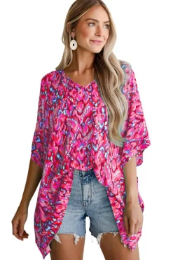 Sale Dear-Lover Abstract Print V Neck Half Sleeve Loose Fit Tunic Blouse Pink