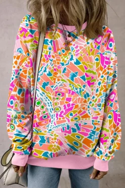 Discount Dear-Lover Abstract Printed Drop Shoulder Loose Sweatshirt Pink