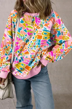 Discount Dear-Lover Abstract Printed Drop Shoulder Loose Sweatshirt Pink