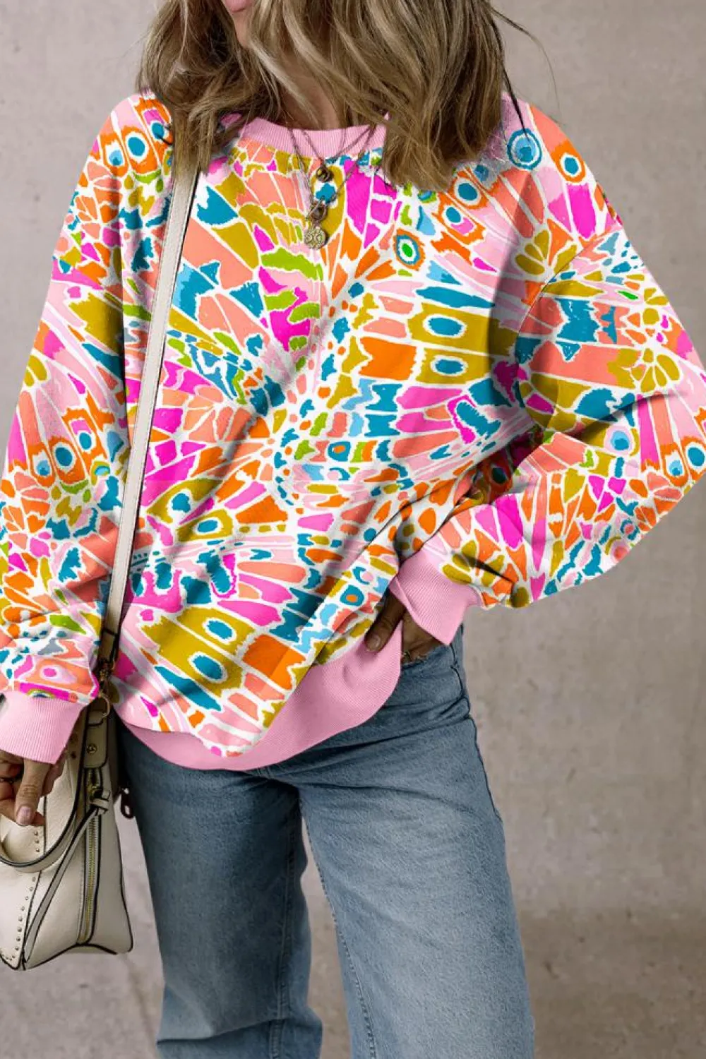 Discount Dear-Lover Abstract Printed Drop Shoulder Loose Sweatshirt Pink