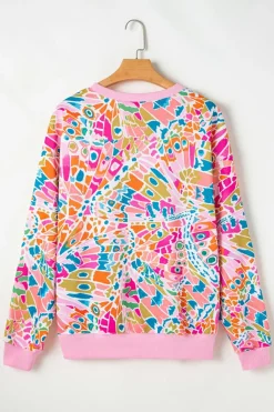 Discount Dear-Lover Abstract Printed Drop Shoulder Loose Sweatshirt Pink