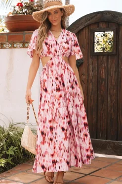 Discount Dear-Lover Abstract Printed Flutter Sleeve Daring Cutout Long Dress Pink