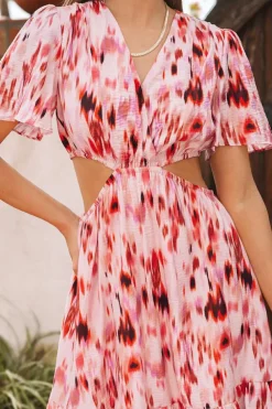 Discount Dear-Lover Abstract Printed Flutter Sleeve Daring Cutout Long Dress Pink