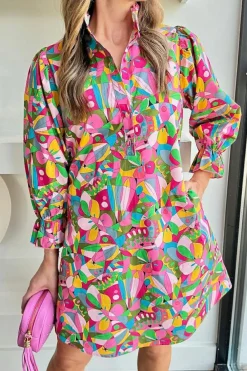 Sale Dear-Lover Abstract Printed Lantern Sleeve Buttoned Mini Dress Pink