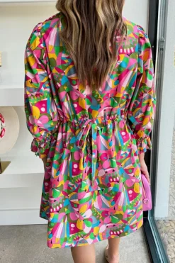 Sale Dear-Lover Abstract Printed Lantern Sleeve Buttoned Mini Dress Pink