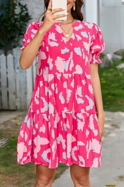 Sale Dear-Lover Abstract Printed Puff Short Sleeve Tiered Loose Dress Pink