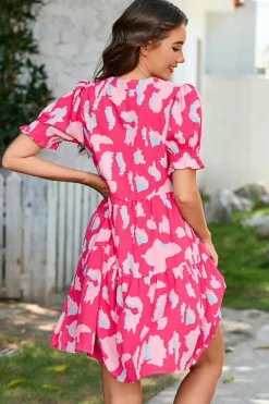 Sale Dear-Lover Abstract Printed Puff Short Sleeve Tiered Loose Dress Pink