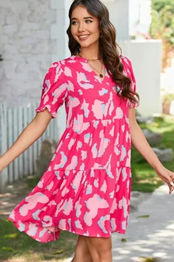 Sale Dear-Lover Abstract Printed Puff Short Sleeve Tiered Loose Dress Pink