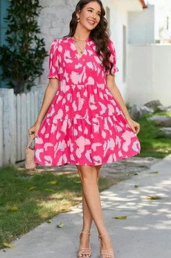 Sale Dear-Lover Abstract Printed Puff Short Sleeve Tiered Loose Dress Pink