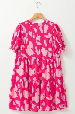 Sale Dear-Lover Abstract Printed Puff Short Sleeve Tiered Loose Dress Pink