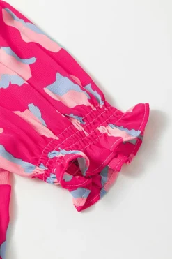 Sale Dear-Lover Abstract Printed Puff Short Sleeve Tiered Loose Dress Pink