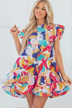 Online Dear-Lover Abstract Printed Ruffled Flutter Sleeve Tiered Mini Dress Pink