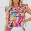 Clearance Dear-Lover Abstract Printed Ruffled Flutter Sleeve Tied Split V Neck Blouse Pink