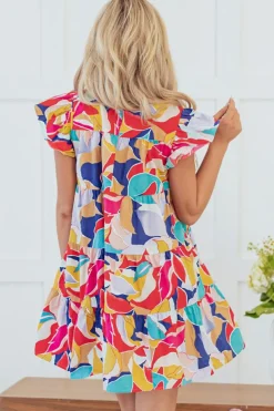 Online Dear-Lover Abstract Printed Ruffled Flutter Sleeve Tiered Mini Dress Pink