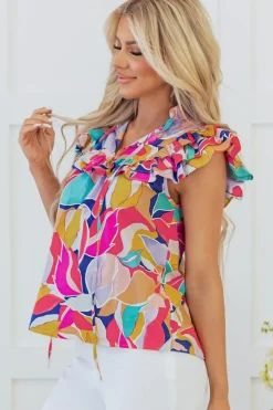 Clearance Dear-Lover Abstract Printed Ruffled Flutter Sleeve Tied Split V Neck Blouse Pink