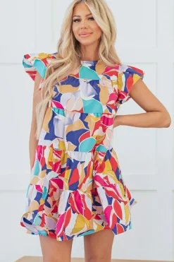 Online Dear-Lover Abstract Printed Ruffled Flutter Sleeve Tiered Mini Dress Pink