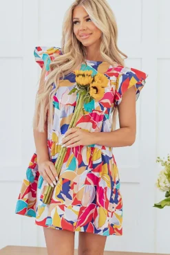 Online Dear-Lover Abstract Printed Ruffled Flutter Sleeve Tiered Mini Dress Pink